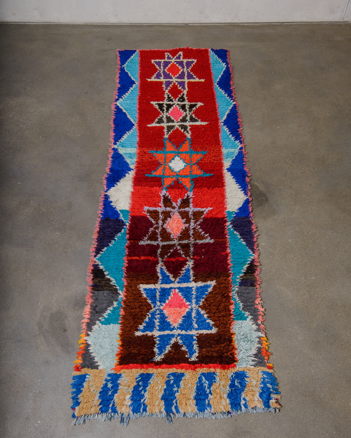 Colourful geometric patterned rug on a plain floor